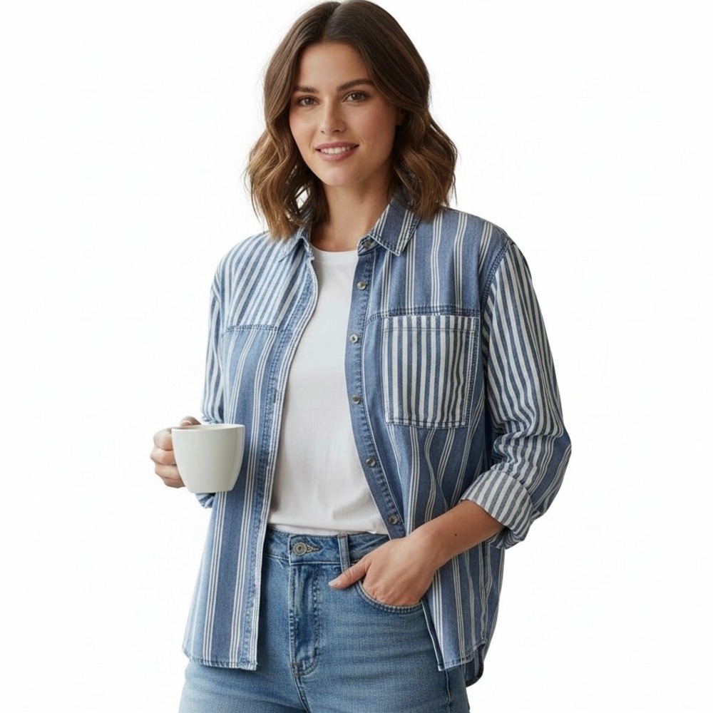 Zac & Rachel Striped Lyocell Button Down Shirt Blue White OT81DWCJ3 S